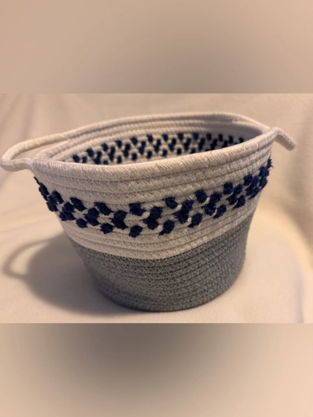 Coiled Cotton Rope Storage Basket Cream Gray Colorblock with Navy